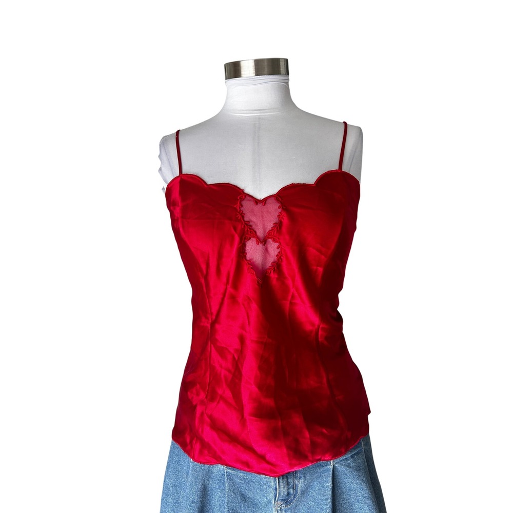Vintage 2000s Erika Taylor Intimates Cami Large Red Heart Cutout Satin Tank Top